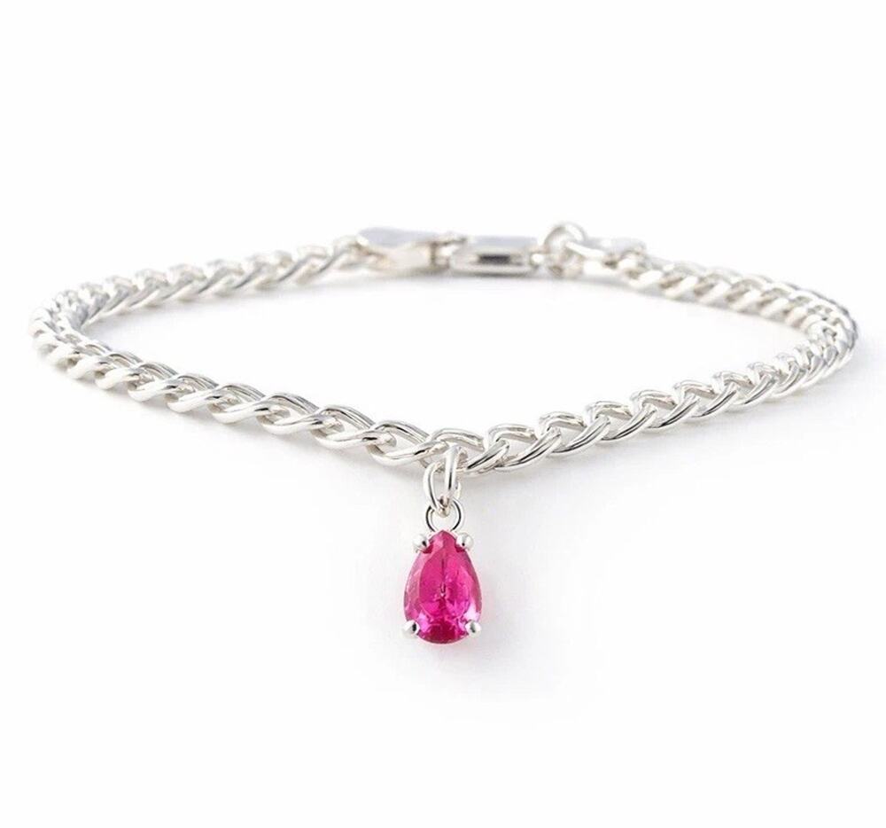 925 Sterling Silver Pink Sapphire Bracelet Italy Pear Charm Dangle Link Bracelet